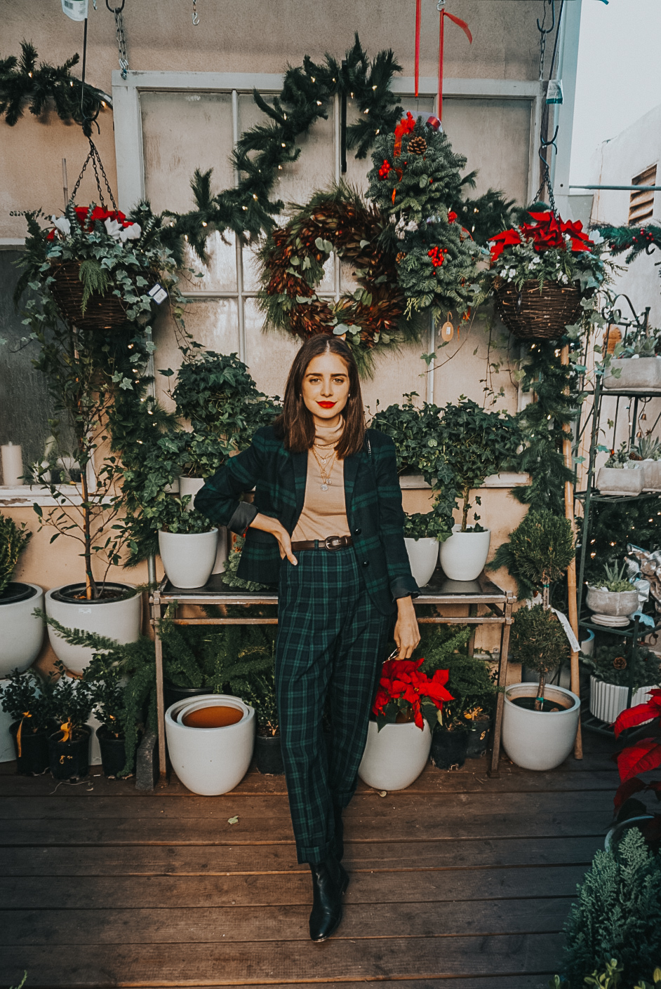 Holiday outfit Christmas outfit green plaid pant suit winter 2020 outfit ideas