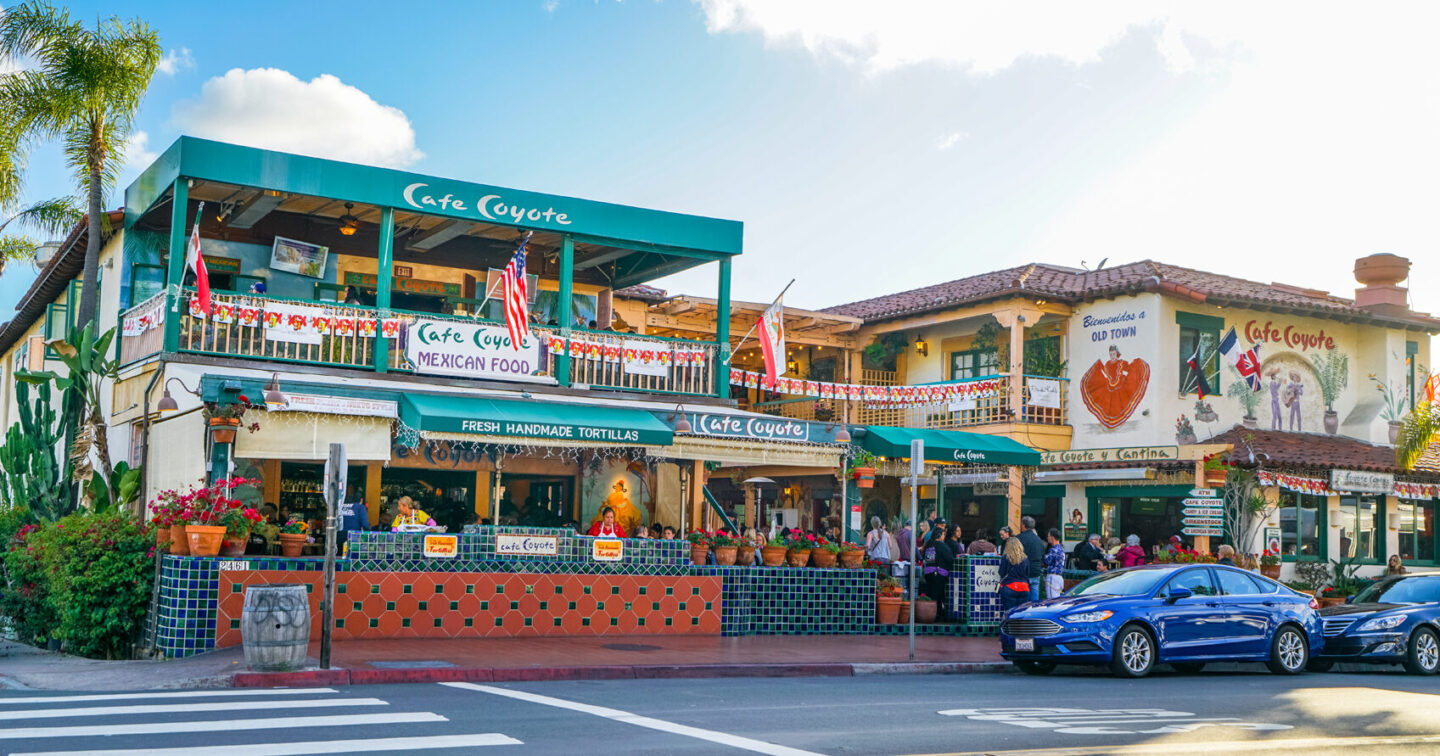 Things to do in Old Town San Diego Cafe Coyote Taco Tuesday front of the brightly colored building