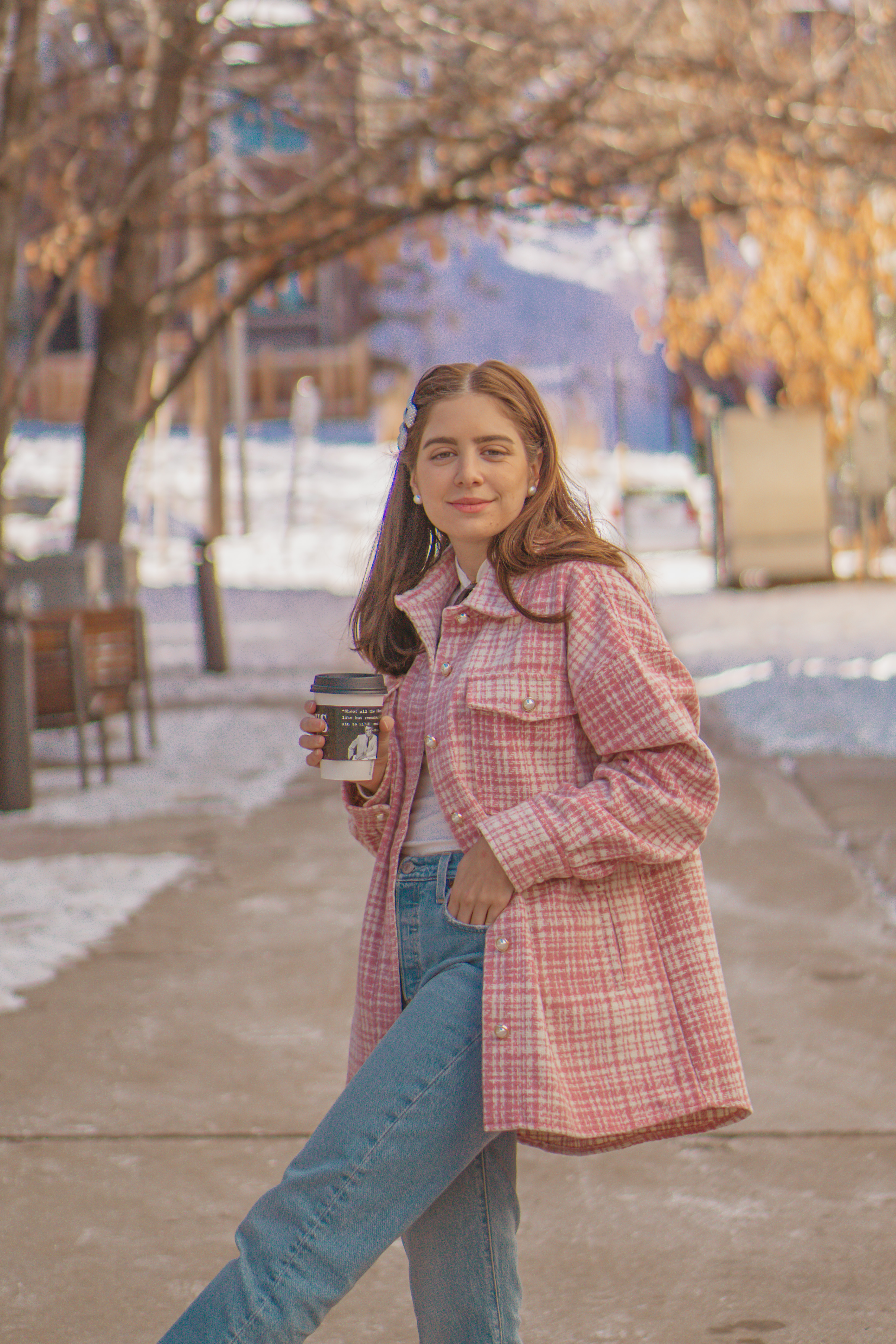 Valentine's Day Outfit Ideas for Women - Pink plaid shacket with light wash straight leg jeans, winter blogger outfit