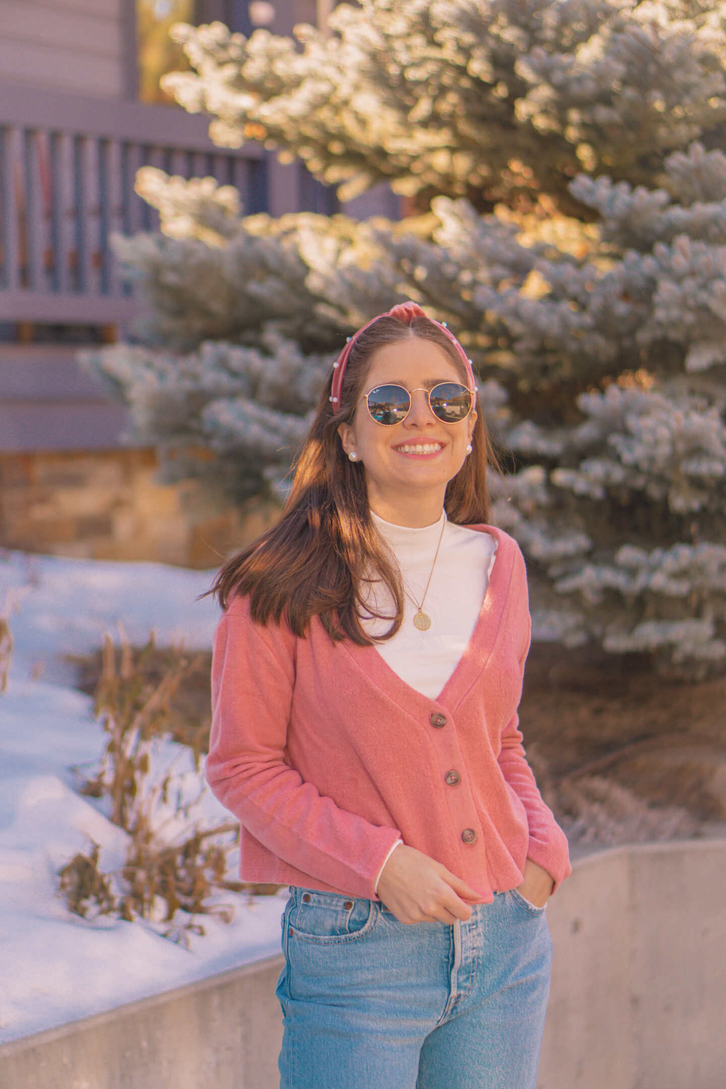 Valentine's Day Outfit Ideas for Women - Pink cropped cardigan outfit, winter blogger outfit