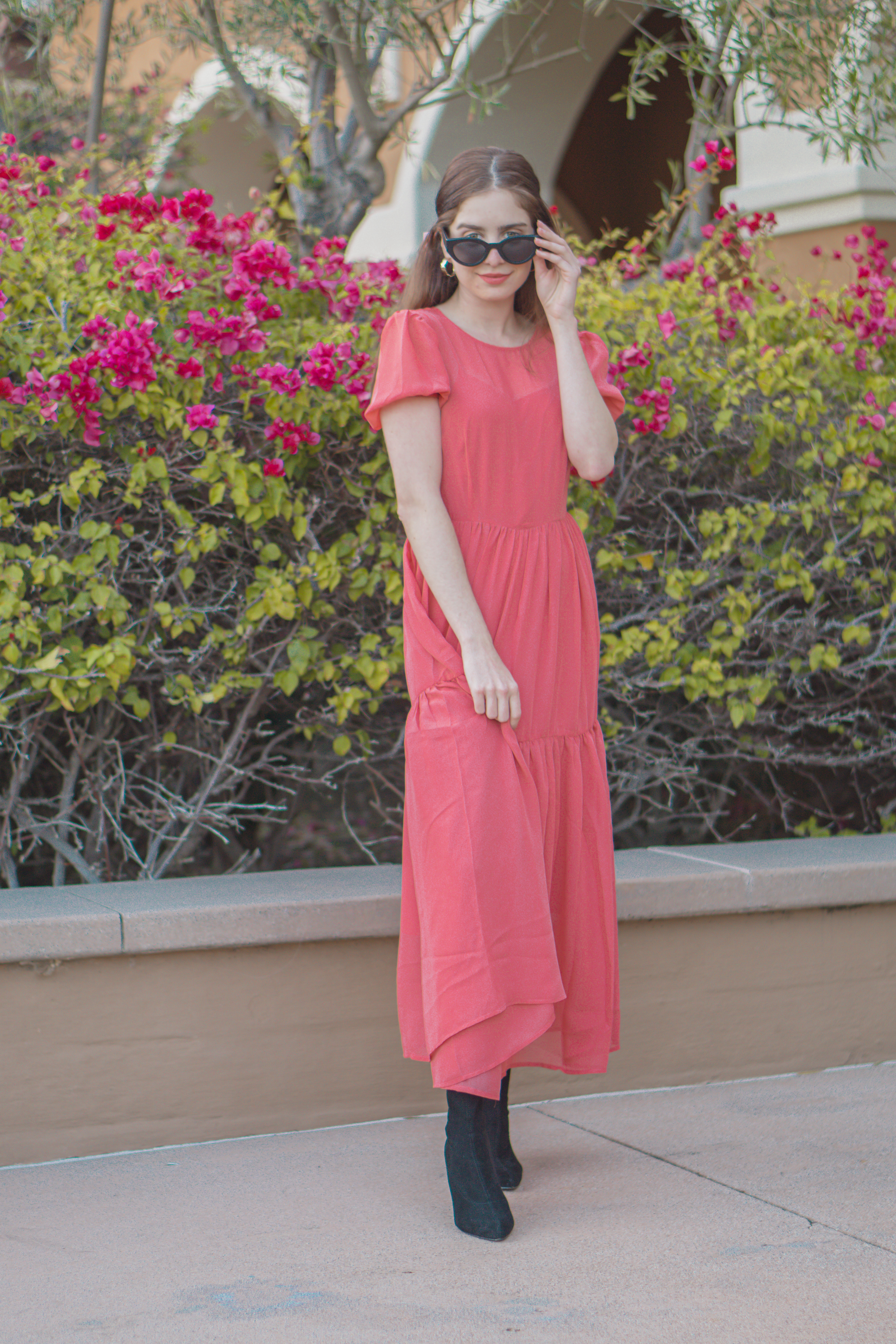 Valentine's Day Outfit Ideas for Women - Flowey, tiered pink maxi dress, spring blogger outfit