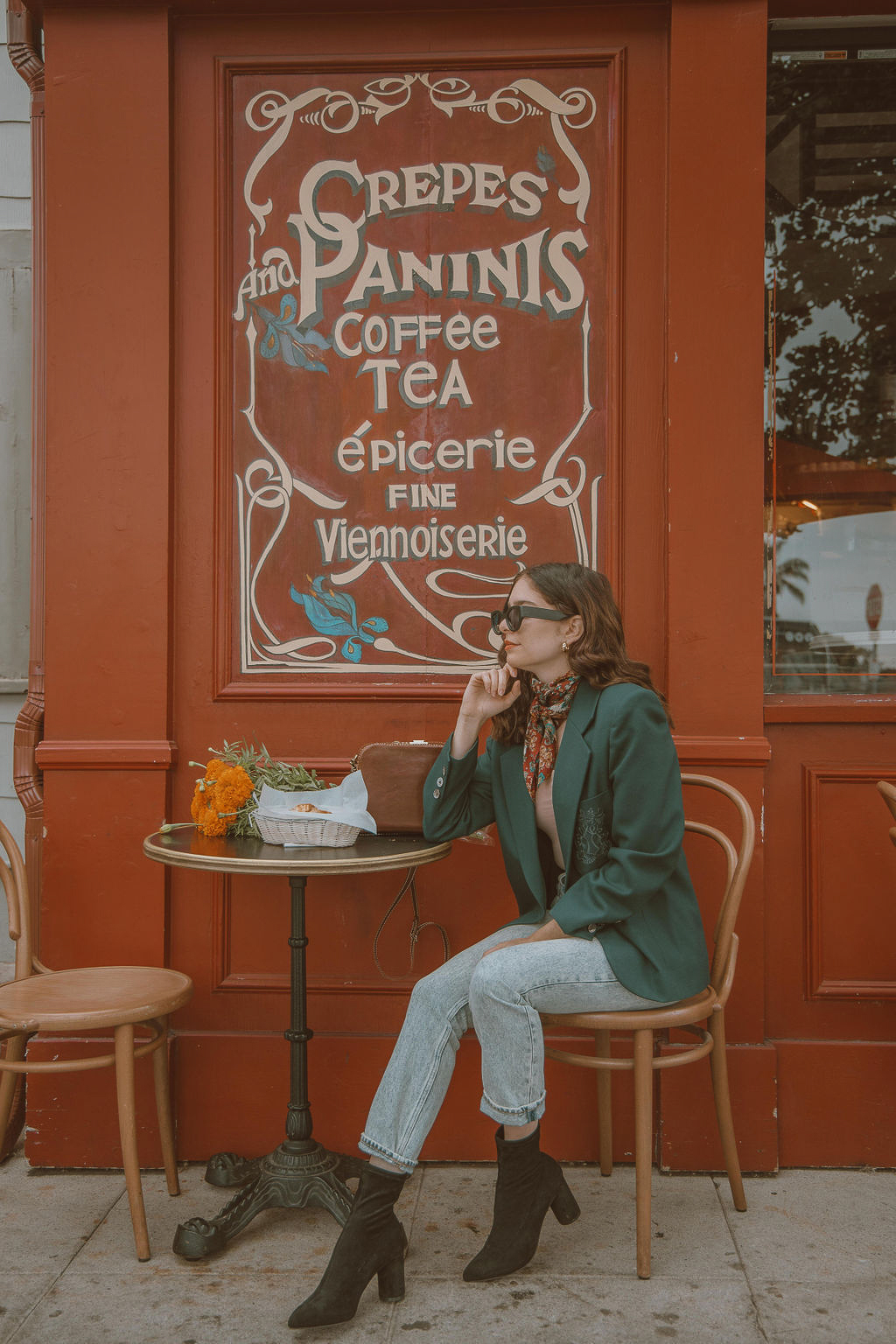 Green blazer, vintage scarf, straight leg jeans cuffed, and black heeled booties Pinterest outfit  - Palm Trees and Pellegrino