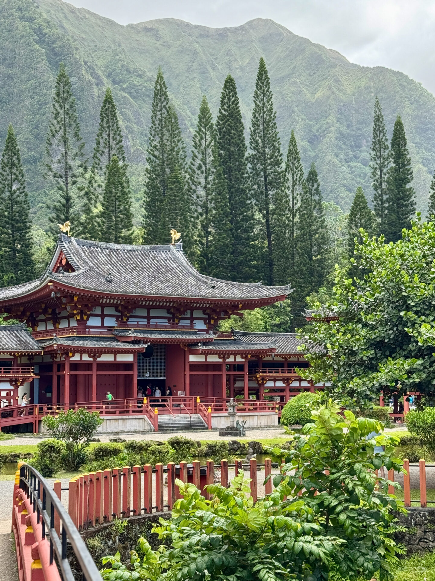 The Byodo-In Temple among tall trees, with mountains visible in the background.